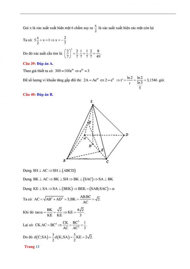 Đáp án Đề thi thử môn Toán thptqg năm 2018 trường Hoàng Văn Thụ - Hòa Bình trang 7