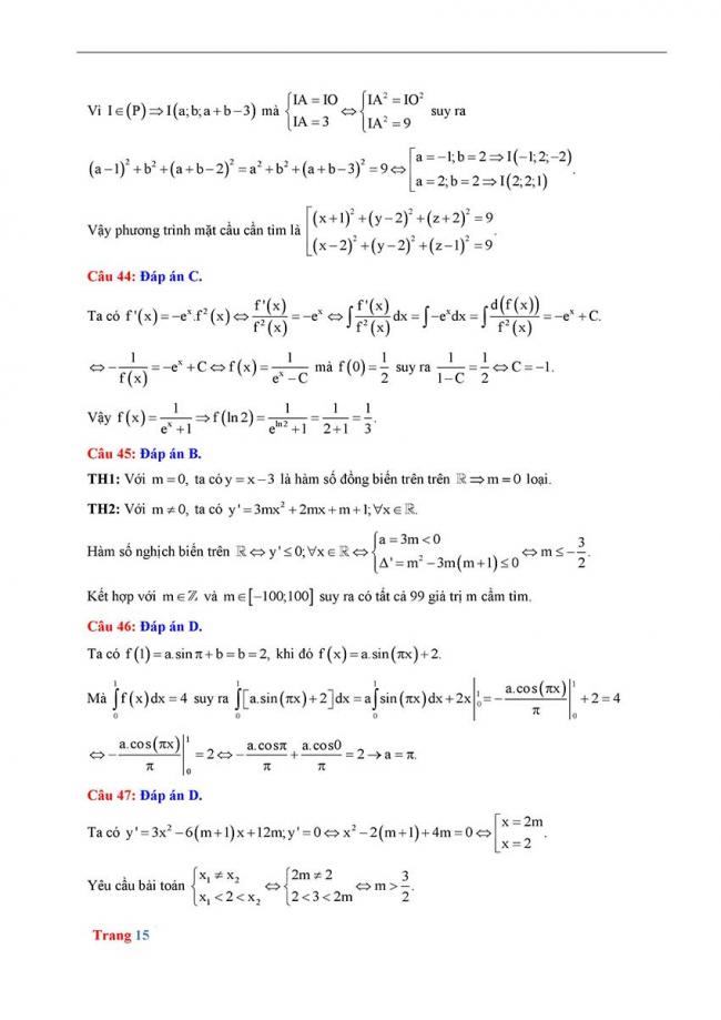 Đáp án Đề thi thử môn Toán thptqg năm 2018 trường Hoàng Văn Thụ - Hòa Bình trang 9