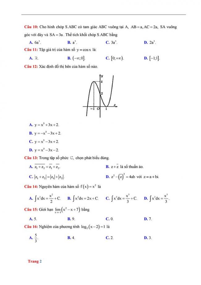 Đề thi thử môn Toán thptqg năm 2018 trường Hoàng Văn Thụ - Hòa Bình trang 2