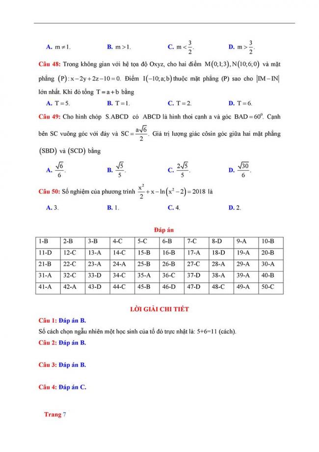 Đáp án Đề thi thử môn Toán thptqg năm 2018 trường Hoàng Văn Thụ - Hòa Bình trang 1