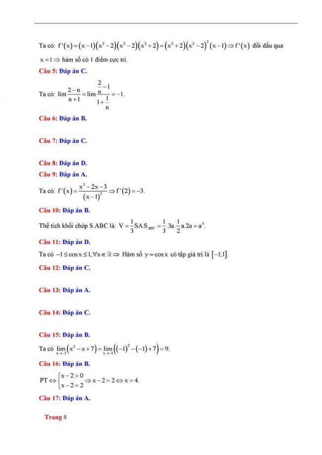 Đáp án Đề thi thử môn Toán thptqg năm 2018 trường Hoàng Văn Thụ - Hòa Bình trang 2