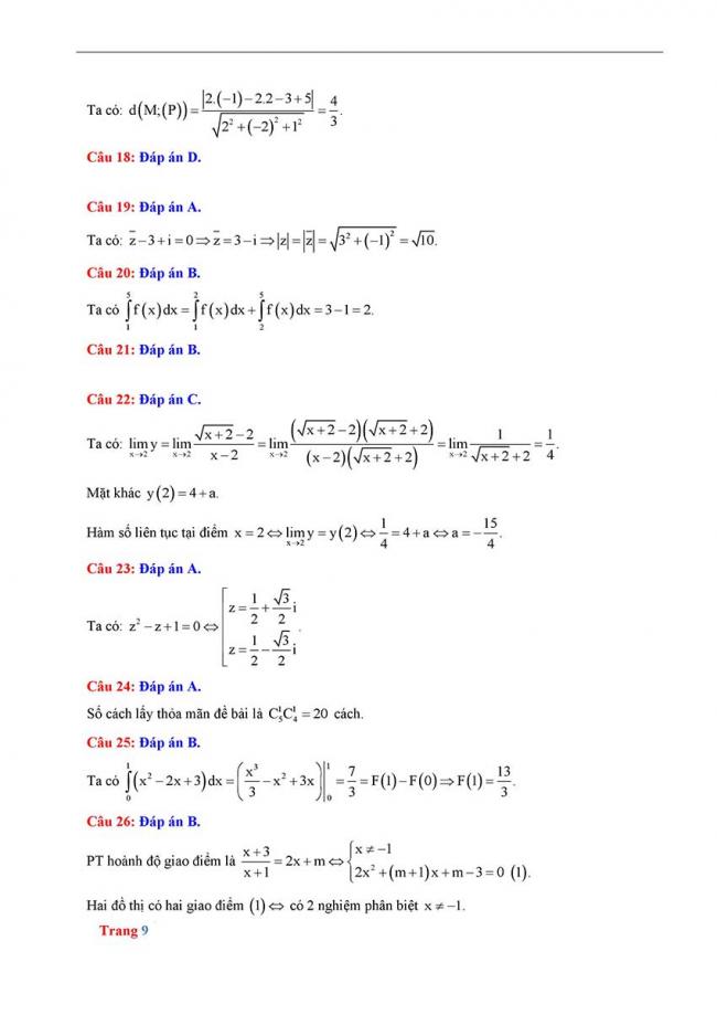 Đáp án Đề thi thử môn Toán thptqg năm 2018 trường Hoàng Văn Thụ - Hòa Bình trang 3