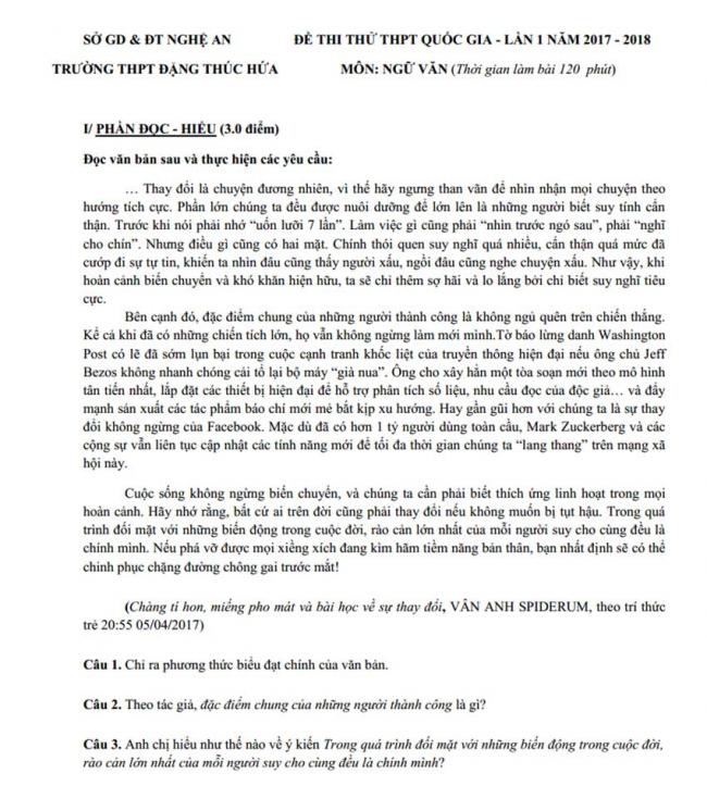 Đề thi thử môn Văn thptqg năm 2018 trường Đặng Thúc Hứa – Nghệ An lần 1 trang 1