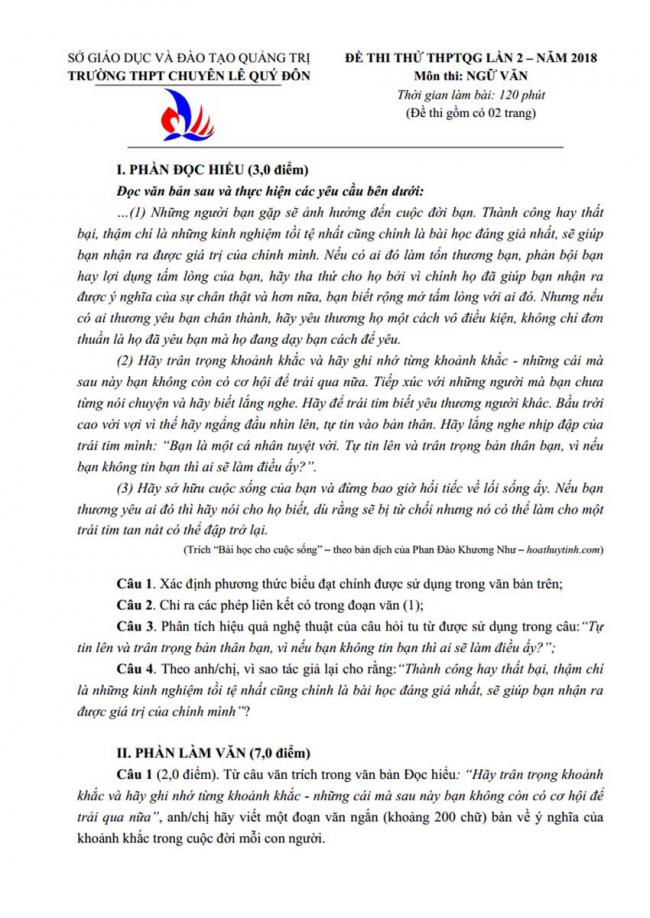 Đề thi thử môn Văn thptqg năm 2018 trường Chuyên Lê Qúy Đôn – Quảng Trị lần 2 trang 1