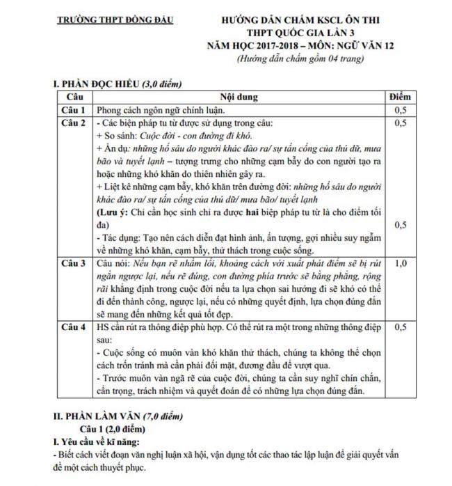 Đáp án Đề thi thử môn Văn thptqg năm 2018 trường Đồng Đậu – Vĩnh Phúc trang 1