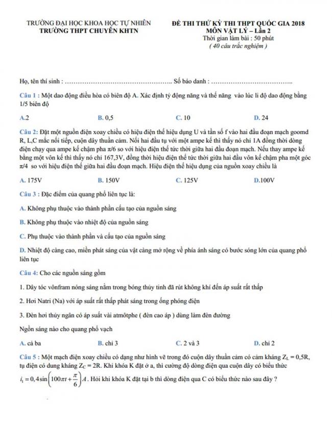 Đề thi thử môn Lý thptqg năm 2018 trường Chuyên KHTN – Hà Nội