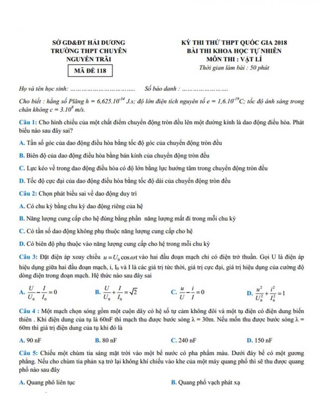 Đề thi thử môn Lý thptqg năm 2018 trường chuyên Nguyễn Trãi – Hải Dương