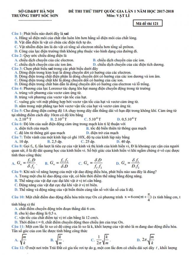 Đề thi thử môn Lý thptqg năm 2018 trường Sóc Sơn – Hà Nội