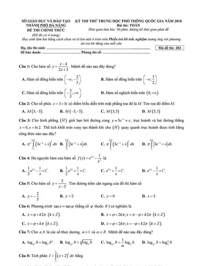 đề thi thử thpt môn toán Đà Nẵng 2018 trang 1