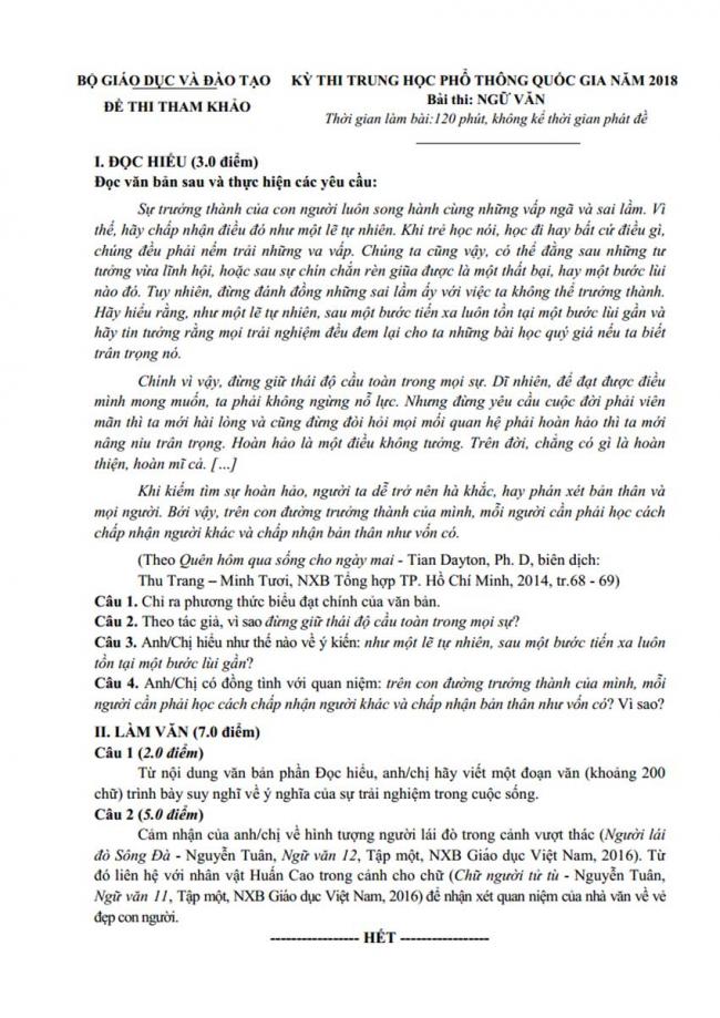Đề Văn thi thử thptqg Bộ Giáo Dục và Đào Tạo 2018 trang 1