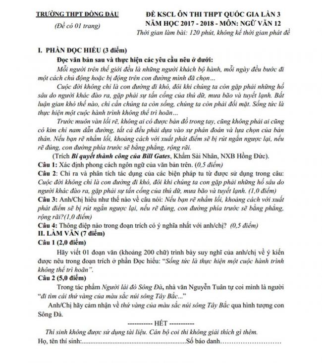 Đề thi thử môn Văn thptqg năm 2018 trường Đồng Đậu – Vĩnh Phúc lần 3