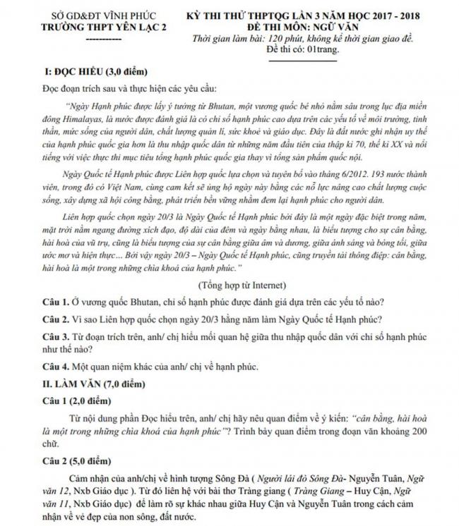 Đề thi thử môn Văn thptqg năm 2018 trường Yên Lạc 2 – Vĩnh Phúc lần 3