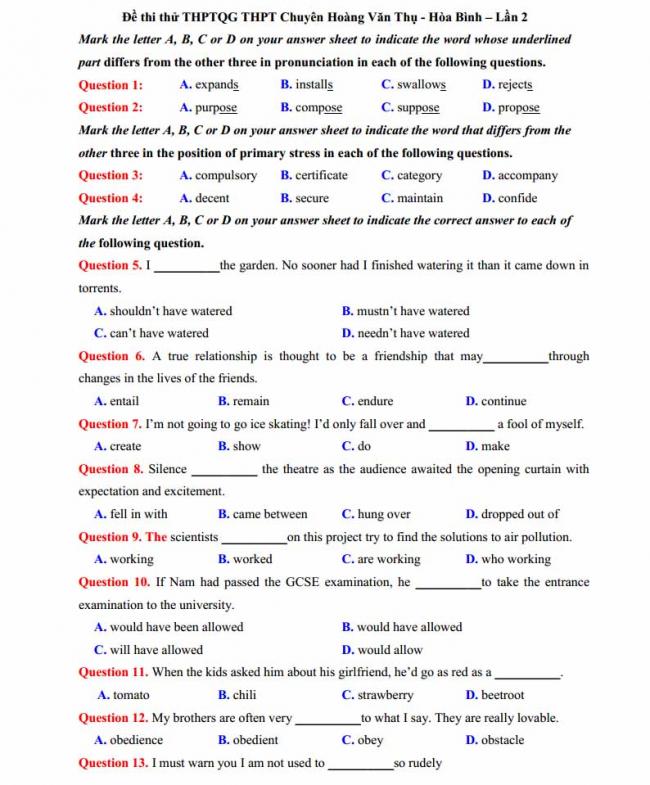 Đề thi thử môn Anh thptqg năm 2018 trường THPT chuyên Hoàng Văn Thụ Hòa Binh trang 1