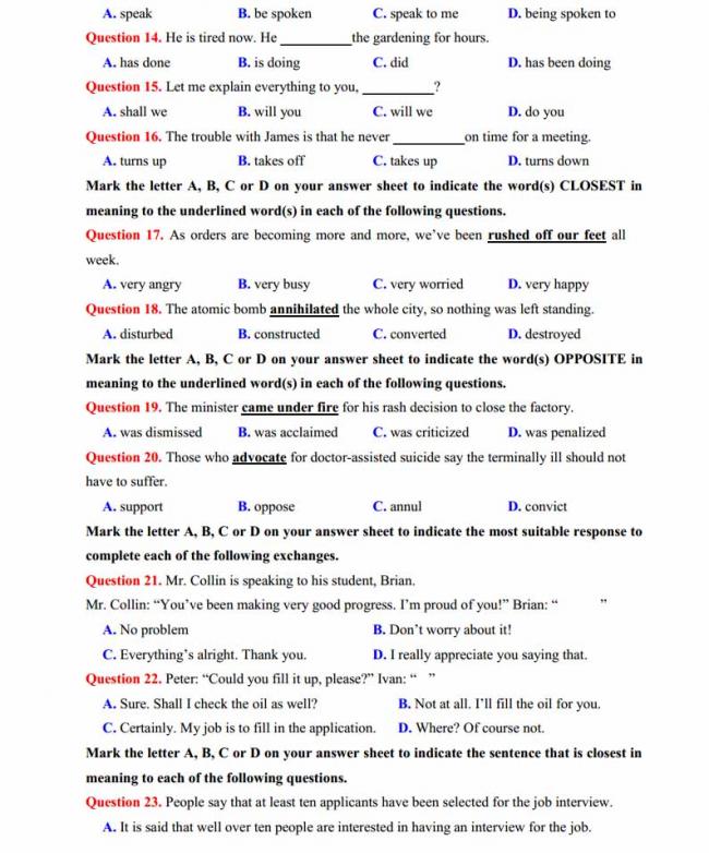 Đề thi thử môn Anh thptqg năm 2018 trường THPT chuyên Hoàng Văn Thụ Hòa Binh trang 2