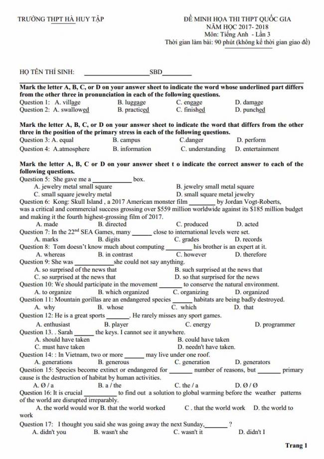 Đề thi thử môn Anh thptqg năm 2018 trường THPT Hà Huy Tập Nghệ An trang 1