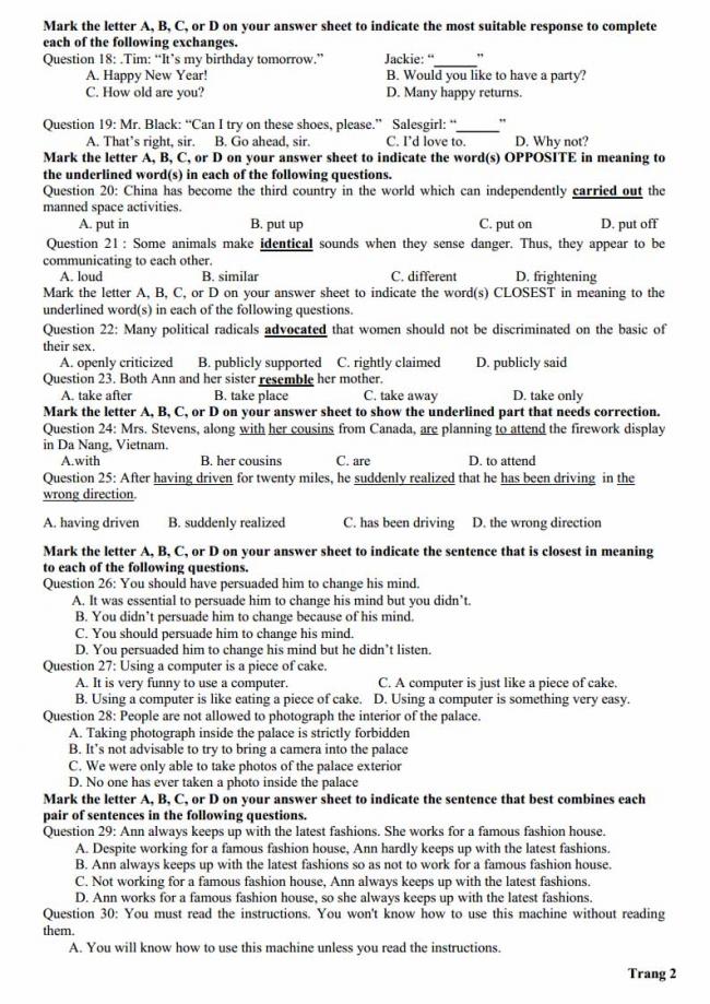 Đề thi thử môn Anh thptqg năm 2018 trường THPT Hà Huy Tập Nghệ An trang 2
