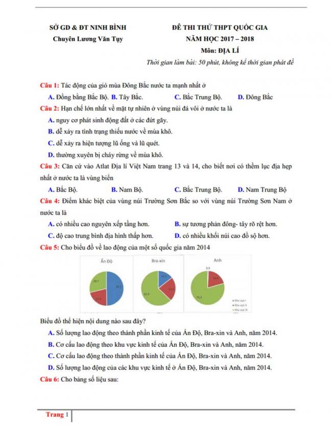 Đề thi thử môn Địa lý thptqg năm 2018 trường Chuyên Lương Văn Tụy – Ninh Bình trang 1
