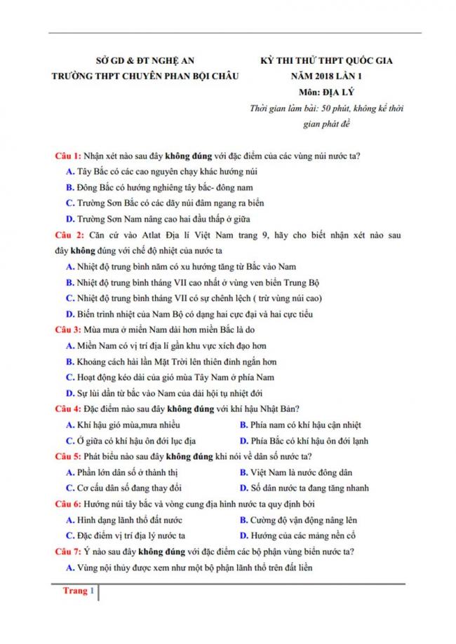 Đề thi thử môn Địa lý thptqg năm 2018 trường Chuyên Phan Bội Châu – Nghệ An trang 1