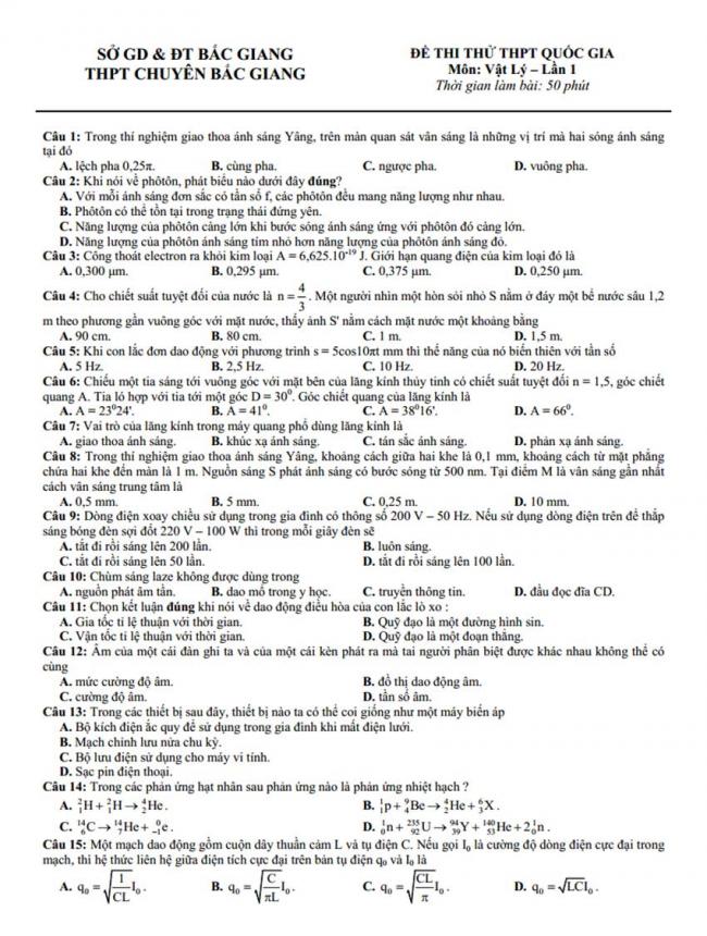 Đề thi thử môn Lý thptqg năm 2018 trường chuyên Bắc Giang