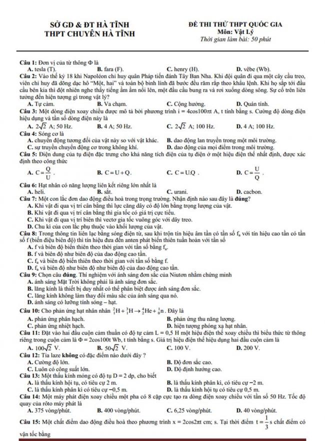 Đề thi thử môn Lý thptqg năm 2018 trường chuyên Hà Tĩnh
