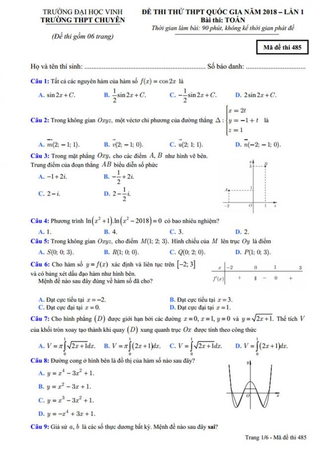 Đề thi thử môn Toán thptqg năm 2018 trường Chuyên ĐH Vinh - Nghệ An lần 1 trang 1 