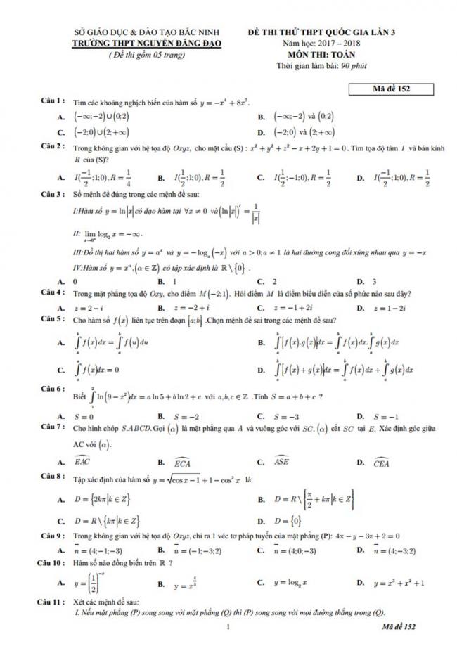 Đề thi thử môn Toán thptqg năm 2018 trường Nguyễn Đăng Đạo - Bắc Ninh lần 3 trang 1