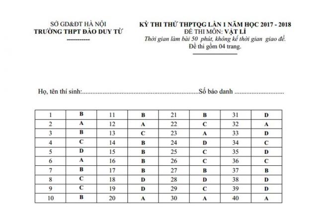 Đáp án Đề thi thử môn Lý thptqg năm 2018 trường Đào Duy Từ – Hà Nội