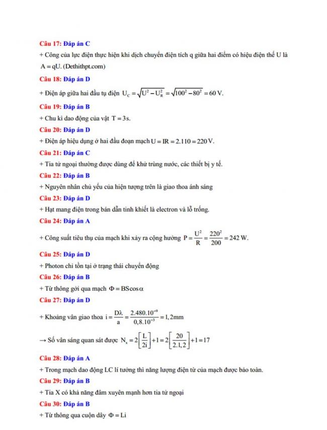 Đáp án Đề thi thử môn Lý thptqg năm 2018 trường Nguyễn Khuyến – Bình Dương 2