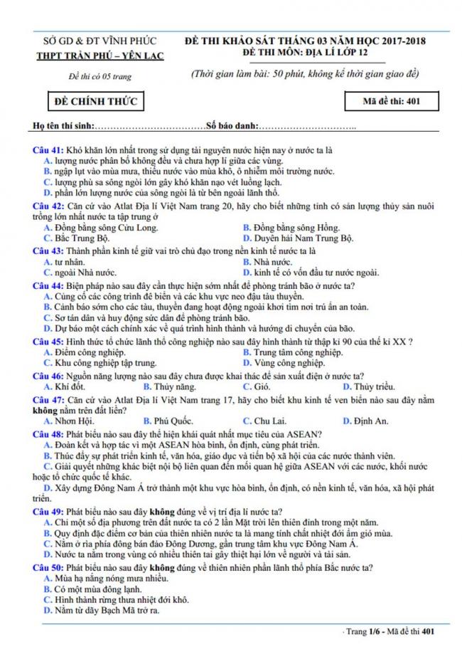 Đề thi thử môn Địa lý thptqg năm 2018 trường Yên Lạc & Trần Phú – Vĩnh Phúc trang 1