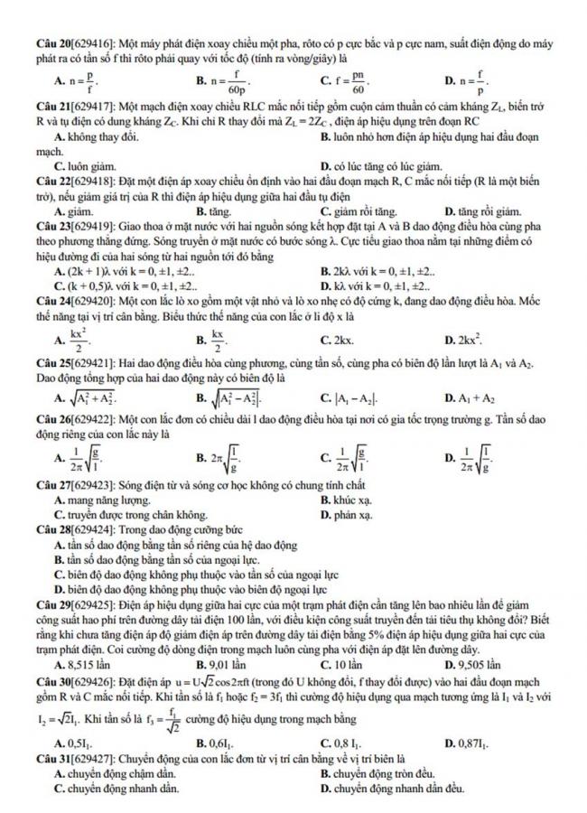 Đề thi thử môn Lý thptqg năm 2018 trường Đào Duy Từ – Hà Nội 2