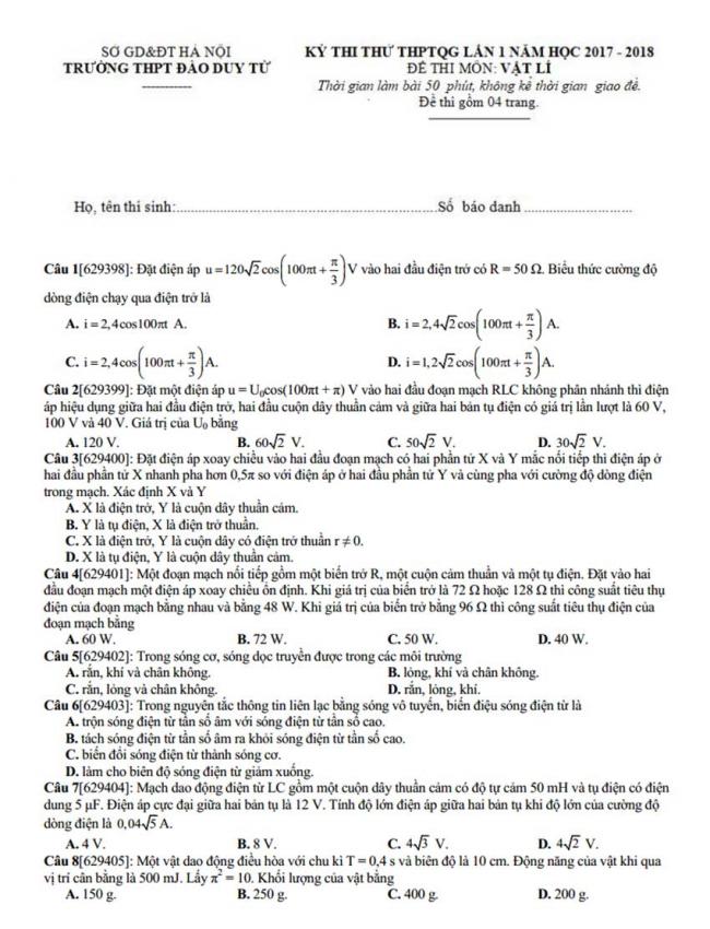 Đề thi thử môn Lý thptqg năm 2018 trường Đào Duy Từ – Hà Nội