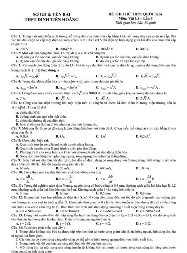 Đề thi thử môn Lý thptqg năm 2018 trường Đinh Tiên Hoàng – Yên Bái