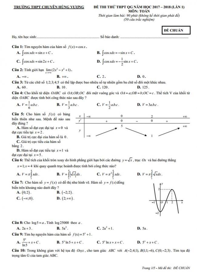 Đề thi thử môn Toán thptqg năm 2018 trường Chuyên Hùng Vương - Gia Lai lần 1 trang 1