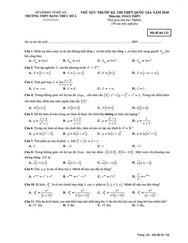 Đề thi thử môn Toán thptqg năm 2018 trường Đặng Thúc Hứa - Nghệ An lần 1 trang 1