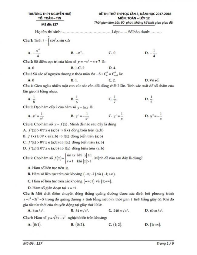 Đề thi thử môn Toán thptqg năm 2018 trường Ngyễn Huệ - Ninh Bình lần 3 trang 1