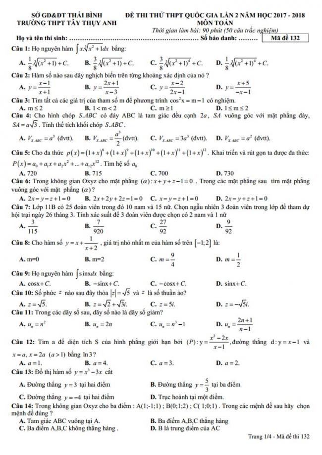 Đề thi thử môn Toán thptqg năm 2018 trường Tây Thụy Anh - Thái Bình lần 2 trang 1