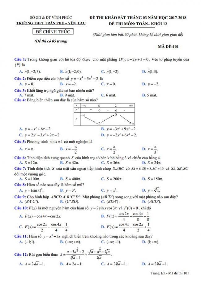 Đề thi thử môn Toán thptqg năm 2018 trường Trần Phú - Yên Lạc - Vĩnh Phúc lần 2 trang 