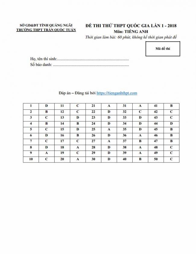 Đáp án đề thi thử môn Anh thptqg năm 2018 trường THPT Trần Quốc Toản Quảng Ngãi