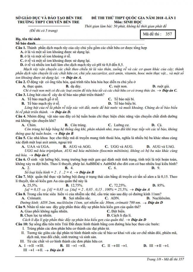 Đáp án Đề thi thử môn Sinh thptqg năm 2018 trường Chuyên Bến Tre trang 1