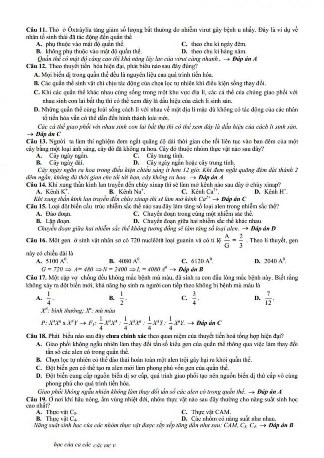 Đáp án Đề thi thử môn Sinh thptqg năm 2018 trường Chuyên Bến Tre trang 2