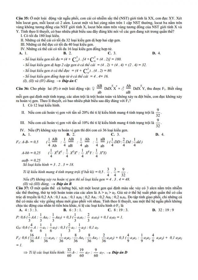 Đáp án Đề thi thử môn Sinh thptqg năm 2018 trường Chuyên Bến Tre trang 5