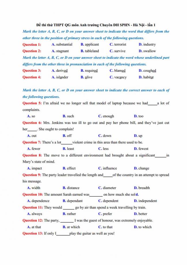 Đề thi thử môn Anh thptqg năm 2018 trường THPT chuyên DH Sư Phạm Hà Nội trang 1