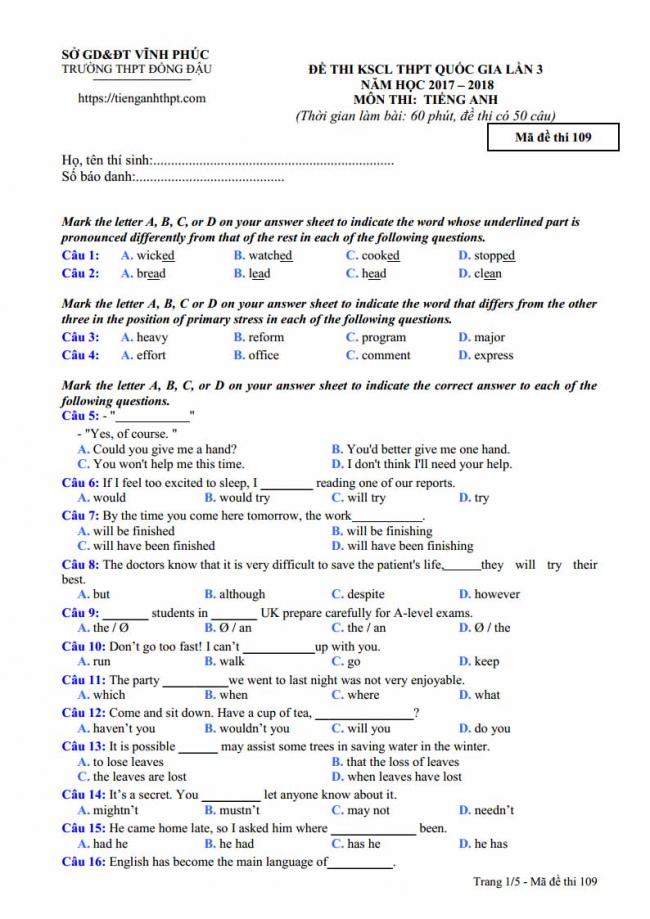 Đề thi thử môn Anh thptqg năm 2018 trường THPT Đồng Đậu Vĩnh Phúc trang 1