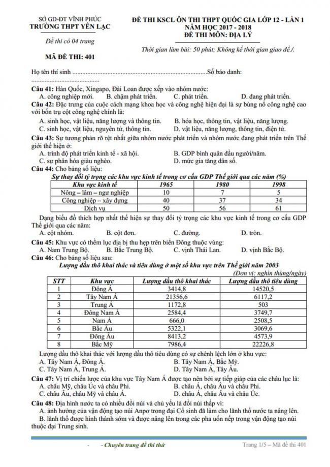 Đề thi thử môn Địa lý thptqg năm 2018 trường Yên Lạc – Vĩnh Phúc trang 1