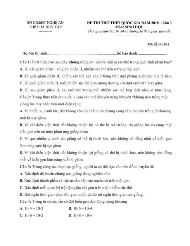 Đề thi thử môn Sinh thptqg năm 2018 trường Hà Huy Tập – Nghệ An trang 1