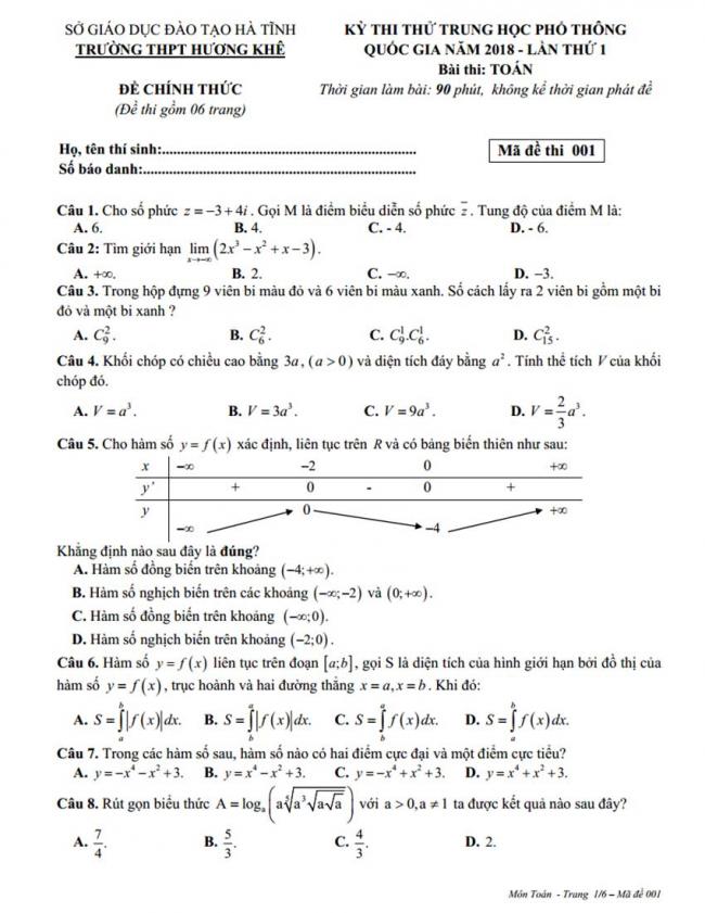 Đề thi thử môn Toán thptqg năm 2018 trường Hương Khê - Hà Tĩnh lần 1 trang 1