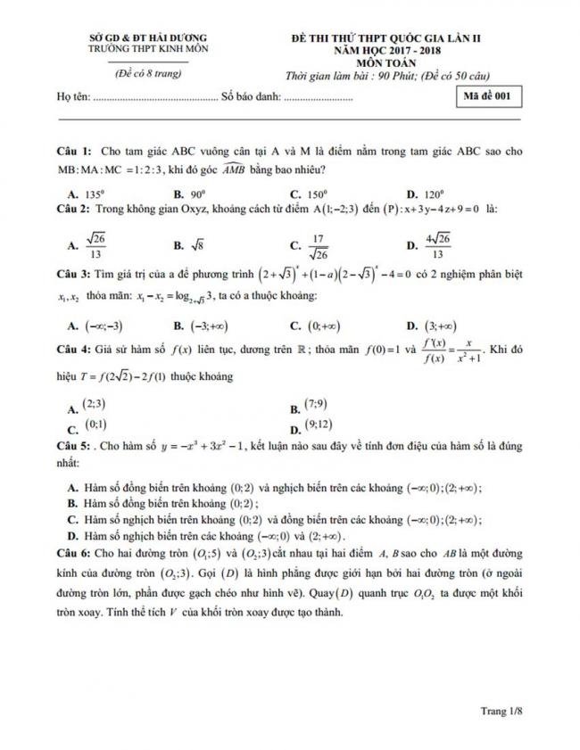 Đề thi thử môn Toán thptqg năm 2018 trường Kinh Môn - Hải Dương lần 2 trang 1