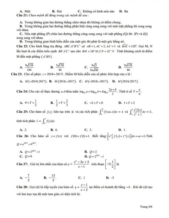 Đề thi thử môn Toán thptqg năm 2018 trường Kinh Môn - Hải Dương lần 2 trang 4