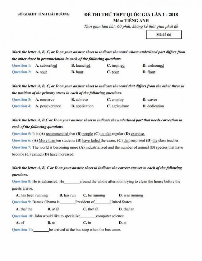 Đề thi thử môn Anh thptqg năm 2018 tỉnh Hải Dương trang 1