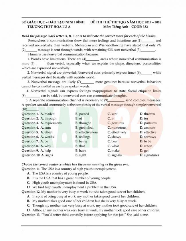 Đề thi thử môn Anh thptqg năm 2018 trường THPT Hoa Lư Ninh Bình trang 1